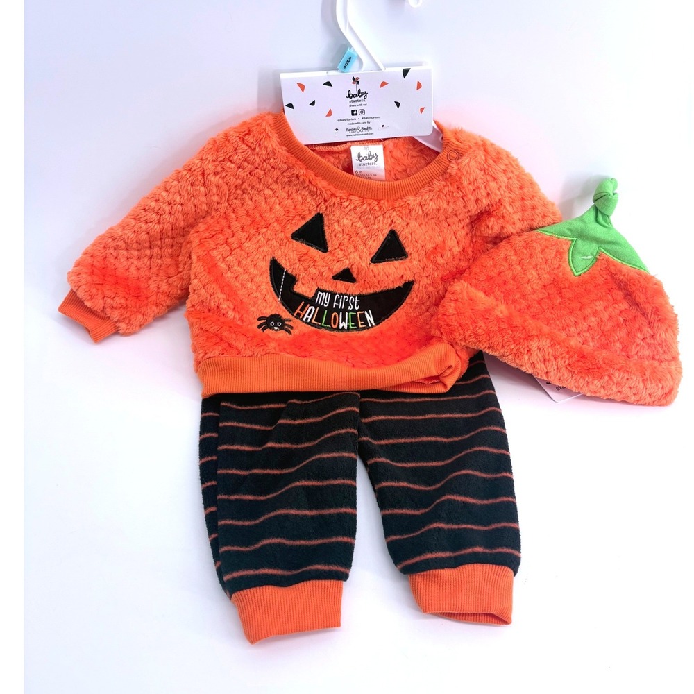 Baby Starters My First Halloween Pumpkin 3 Piece Outfit Set Orange Black 6M NWT
